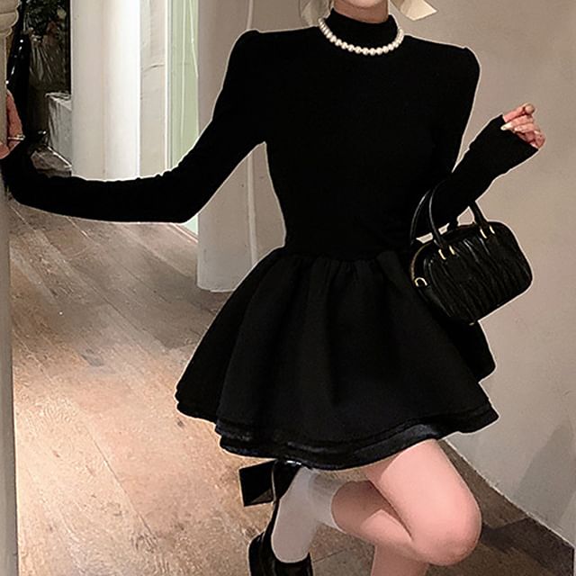 Long-Sleeve A-Line Mock Plain Layered Neck Knit Dress Mini