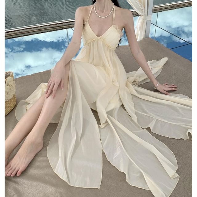 Trim Back Maxi Dress Neck Open Ruffle Plain Frill A-Line Asymmetrical Halter