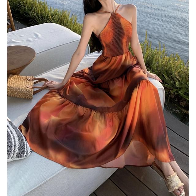 Dye Tie Maxi A-Line Halter Neck Back Dress Smocked Open