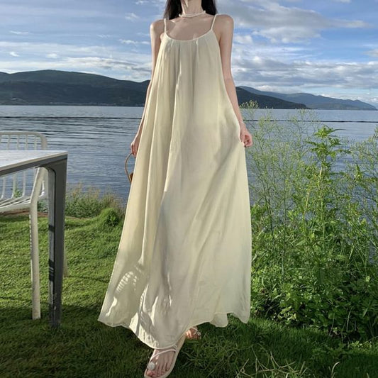 Dress Strap Plain Maxi Back Open Neck A-Line Scoop Spaghetti
