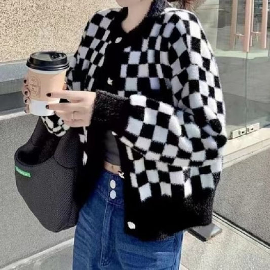 Crew Checkerboard Neck Cardigan