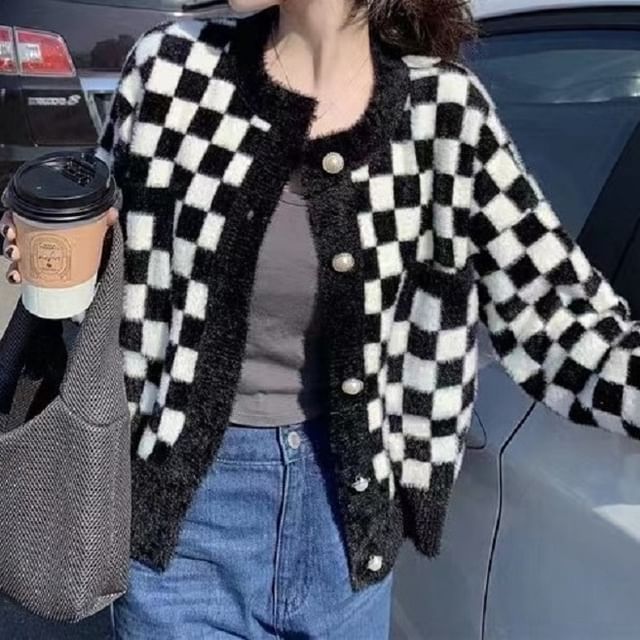 Crew Checkerboard Neck Cardigan
