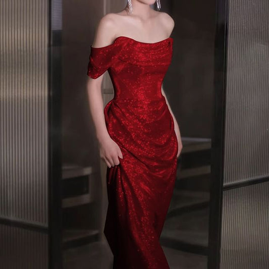 Glitter Plain Evening A-Line Gown Off-Shoulder