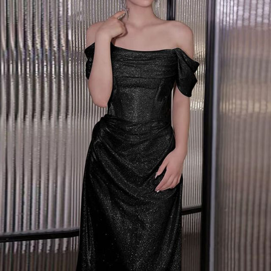 Plain Off-Shoulder Ruched Evening Gown A-Line Glitter