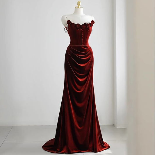 Mermaid Plain Accent Gown Evening Floral Trained Ruched Velvet Off-Shoulder Corset