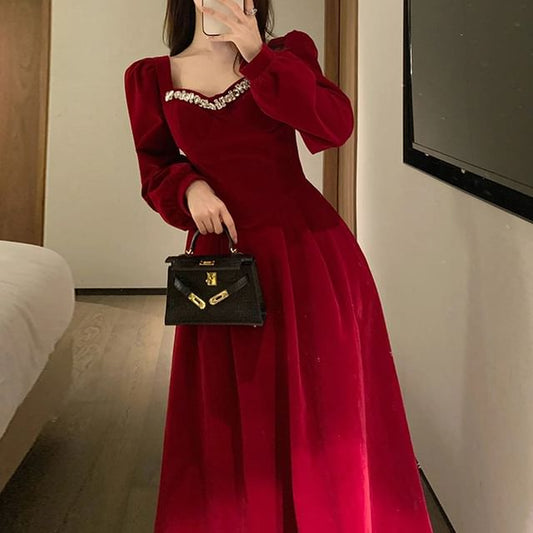 Evening Plain A-Line V-Neck Gown Rhinestone Accent Long-Sleeve