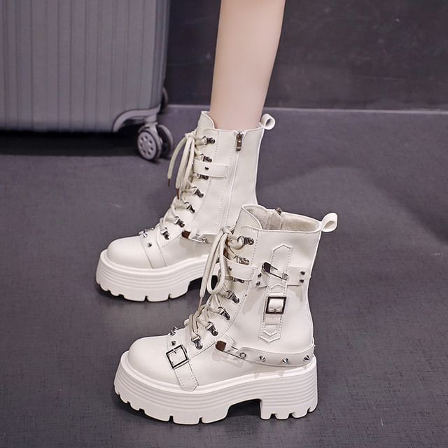 Faux Leather Lace-Up Boots Short Heel Buckled Chunky Platform