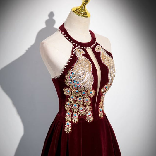 A-Line Halter Neck Evening Gown Velvet