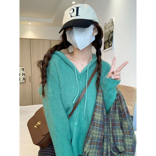 Button-Up Cardigan Plain Hooded