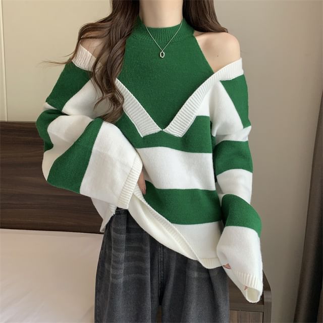 Two-Piece Sweater Striped Mock Long-Sleeve
