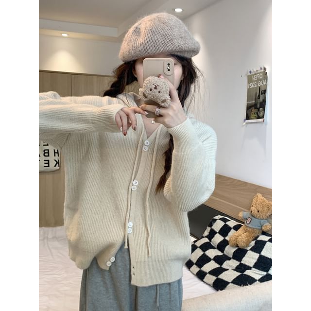 Button-Up Cardigan Plain Hooded