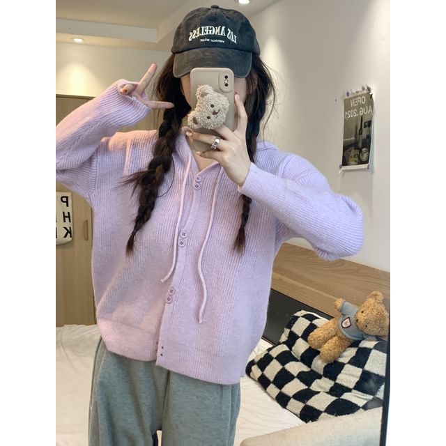 Button-Up Cardigan Plain Hooded