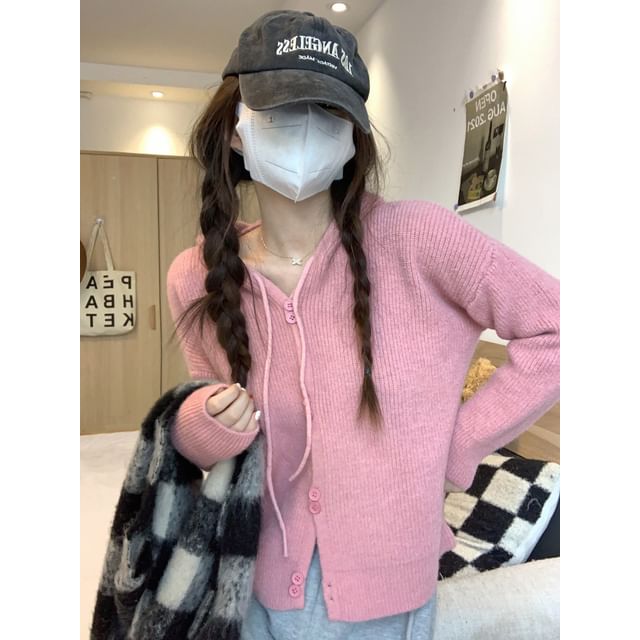 Button-Up Cardigan Plain Hooded