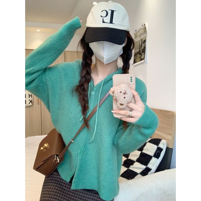 Button-Up Cardigan Plain Hooded