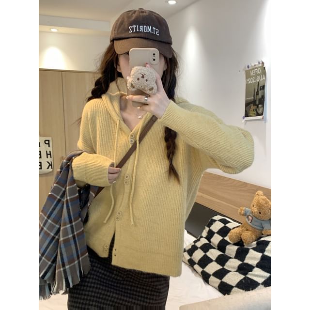 Button-Up Cardigan Plain Hooded