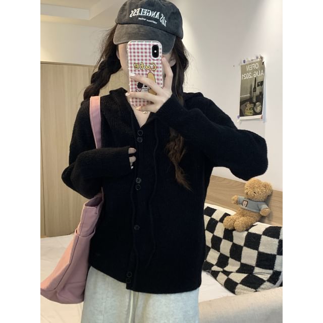 Button-Up Cardigan Plain Hooded