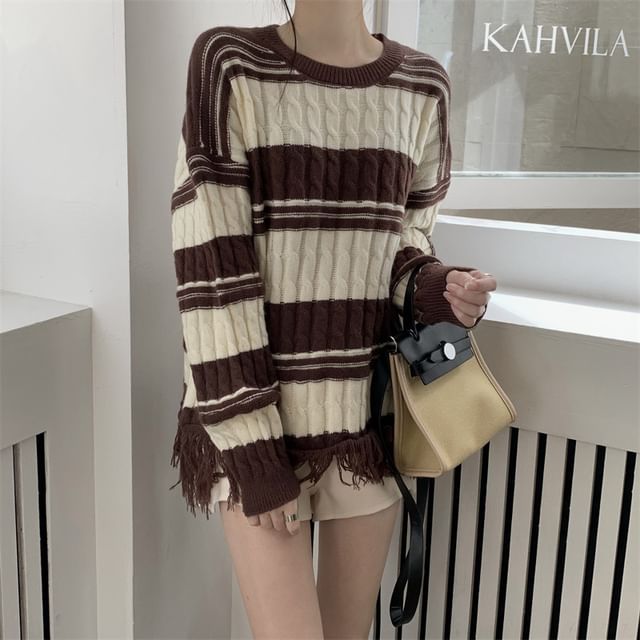 Loose-Fit Frayed Striped Sweater