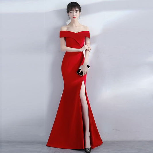 Plain Evening Gown Mermaid Side-Slit Off-Shoulder