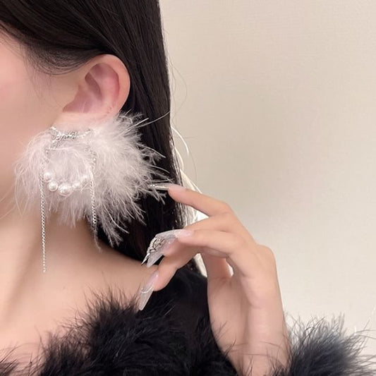 Faux Earring Stud Pearl Feather