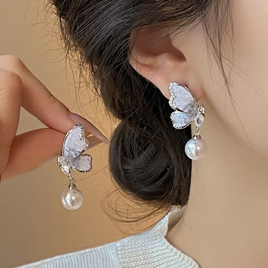 Crystal Butterfly Faux Earring Pearl Alloy Drop