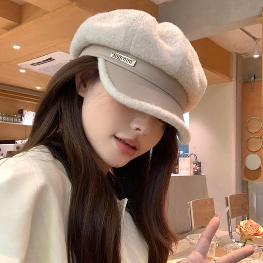 Fleece Newsboy Cap Leather Faux Panel