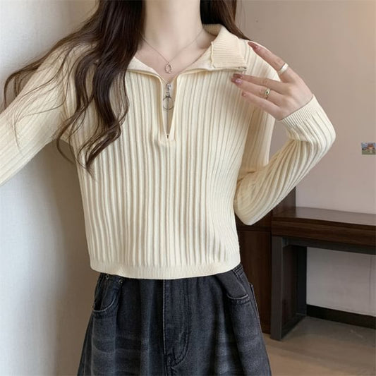 Long-Sleeve Plain Slim-Fit Knit Mock-Neck Half Zip Top