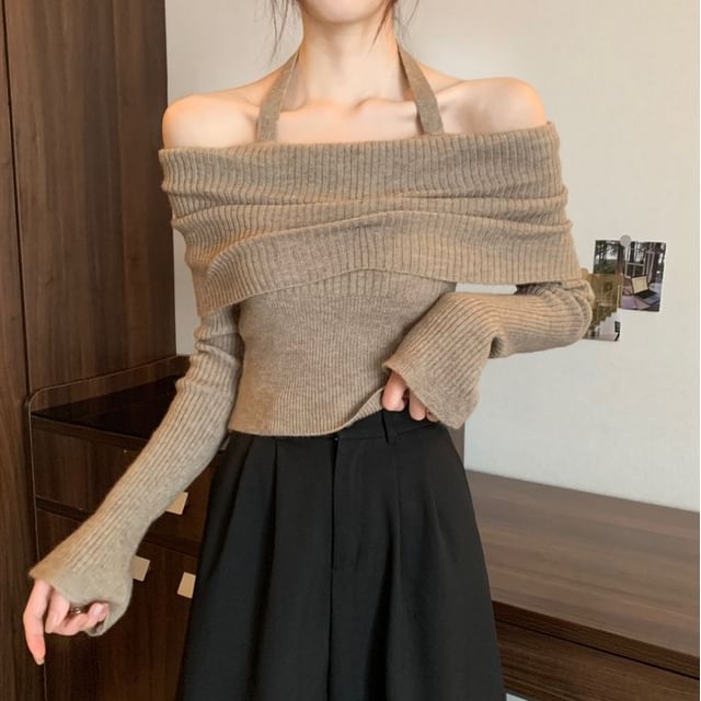 Halter Long-Sleeve Sweater Off-Shoulder
