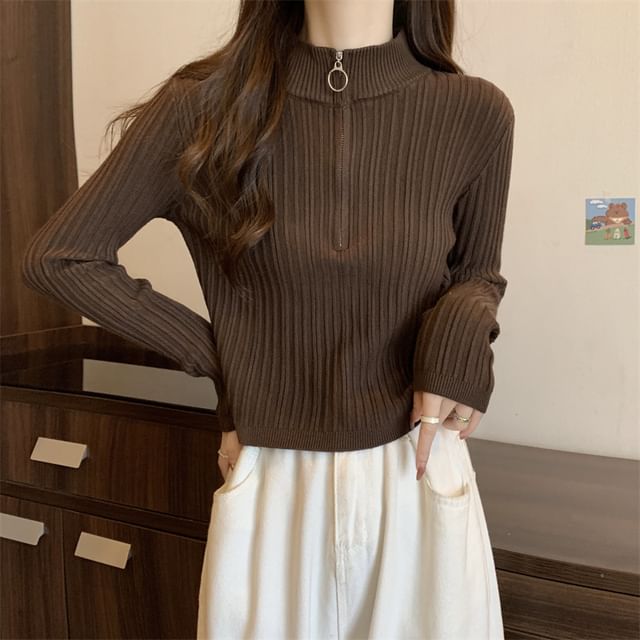 Long-Sleeve Plain Slim-Fit Knit Mock-Neck Half Zip Top