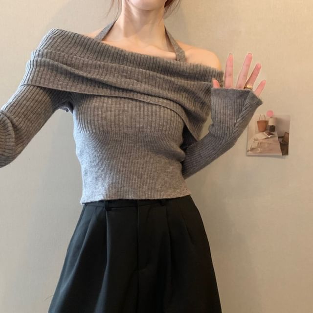 Halter Long-Sleeve Sweater Off-Shoulder