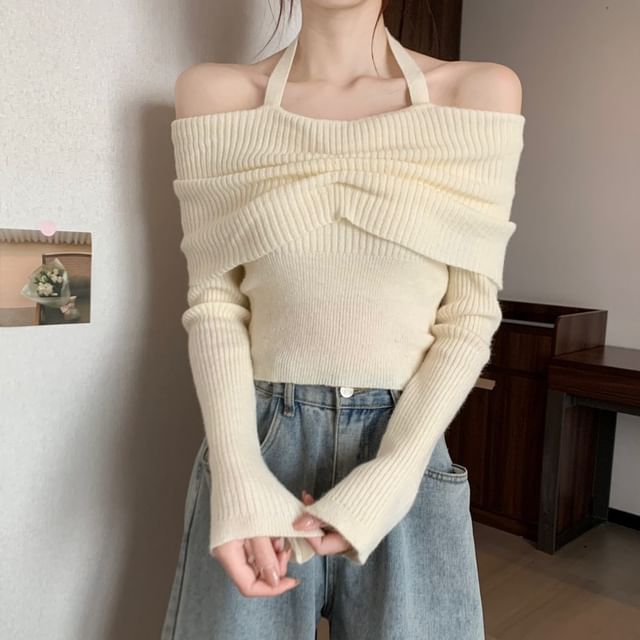 Halter Long-Sleeve Sweater Off-Shoulder