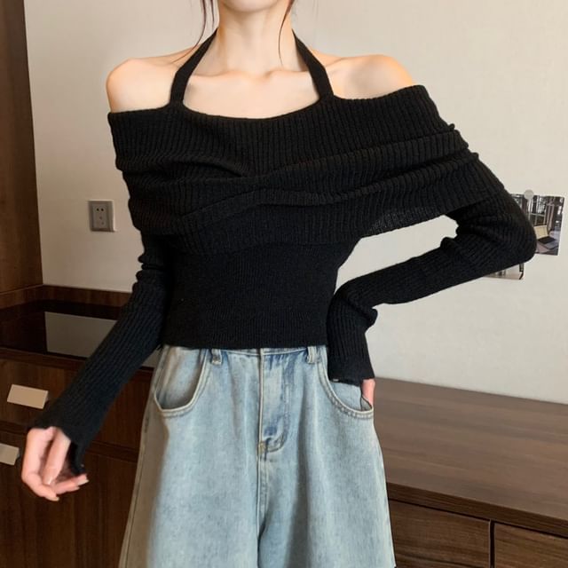 Halter Long-Sleeve Sweater Off-Shoulder