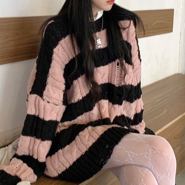 Knit Neck Sweater Distressed Striped Crew Cable