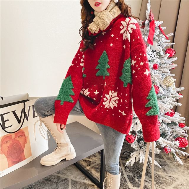 Crew Jacquard Neck Christmas Sweater Tree