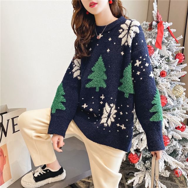 Crew Jacquard Neck Christmas Sweater Tree