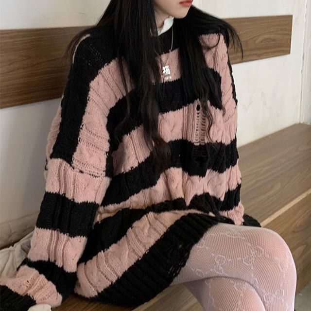 Knit Neck Sweater Distressed Striped Crew Cable