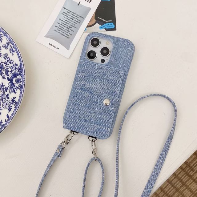 Denim Phone Card Holder Case Lanyard
