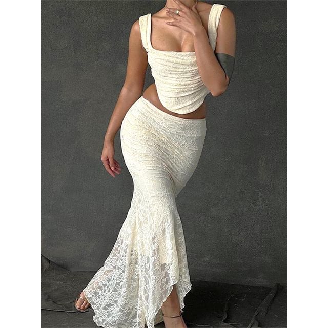 Tank / Top High Square Maxi Neck Plain Crop Lace Mermaid Waist Skirt