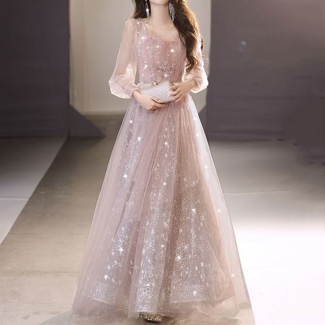 Gown Evening Long-Sleeve Mesh V-Neck Sequin A-Line