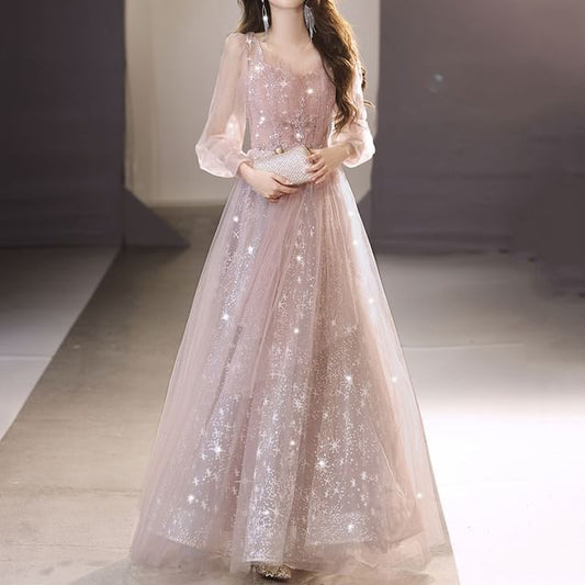 Gown Evening Long-Sleeve Mesh V-Neck Sequin A-Line