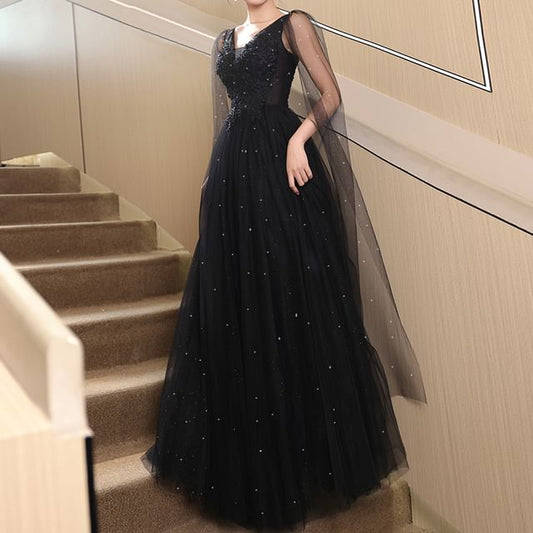 Sleeveless V-Neck Mesh Panel Floral Accent Sequin A-Line Evening Gown