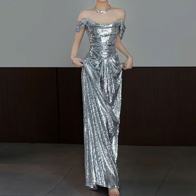 Off-Shoulder Plain Sequin Ruched Mermaid Evening Gown