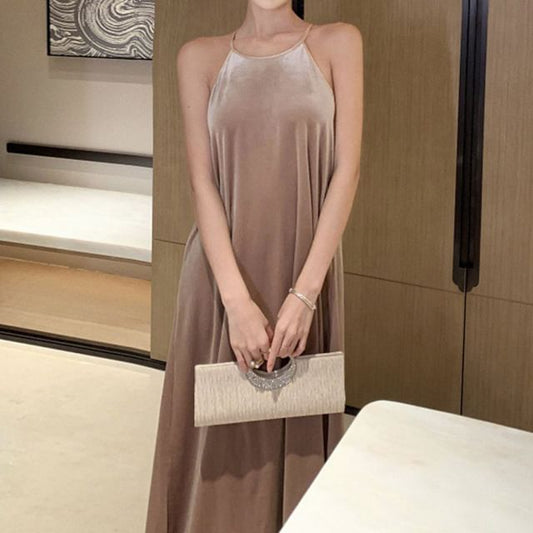 Velvet Maxi Dress Halter A-Line Neck