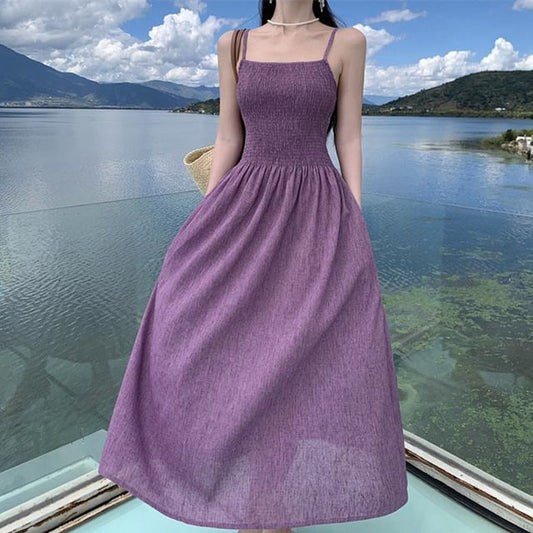 Plain Dress A-Line Spaghetti Strap Midi