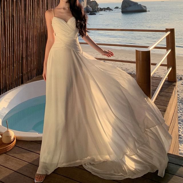 Spaghetti Strap Neckline A-Line Sweetheart Plain Dress Maxi