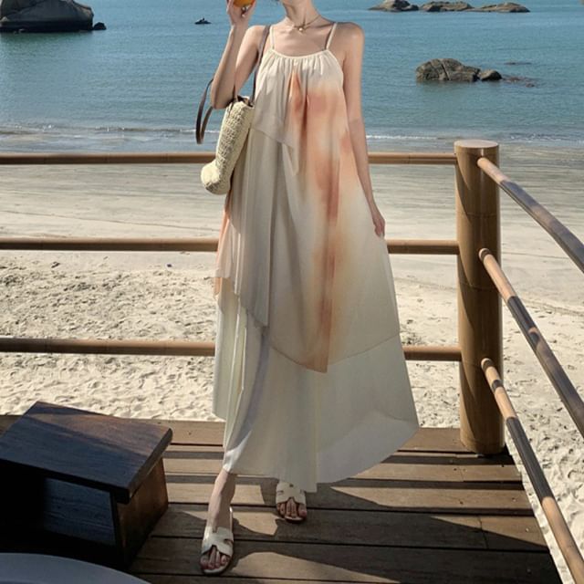 Strap Spaghetti Print Dress A-Line Maxi