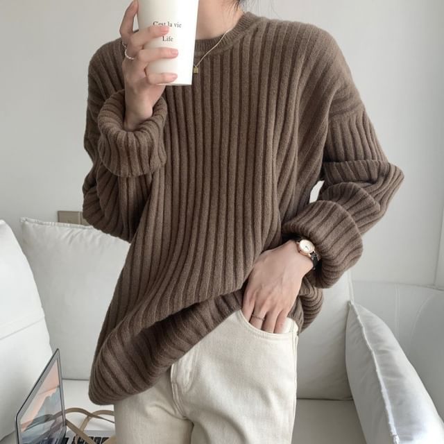 Crew Sweater Ribbed Plain Neck