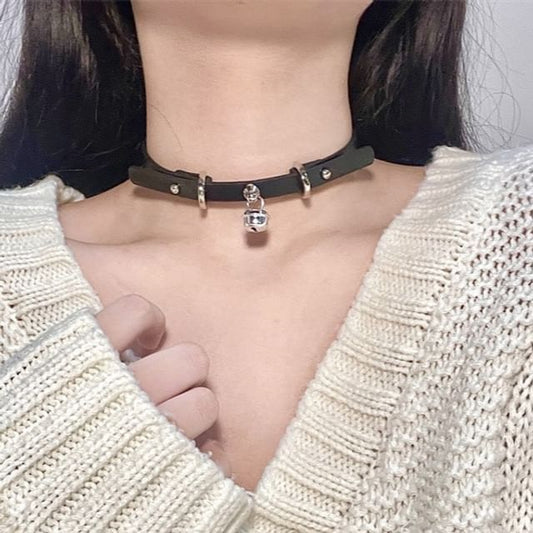 Faux Choker Leather Pendant Bell