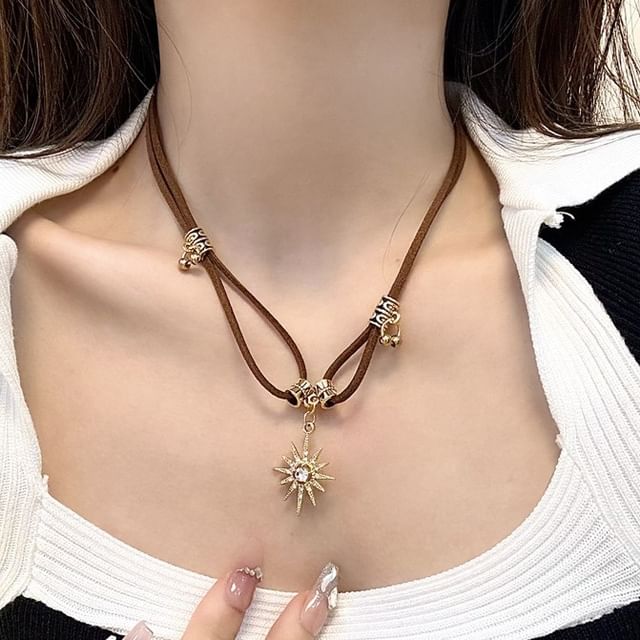 Sun Necklace Leather Pendant Faux Rhinestone