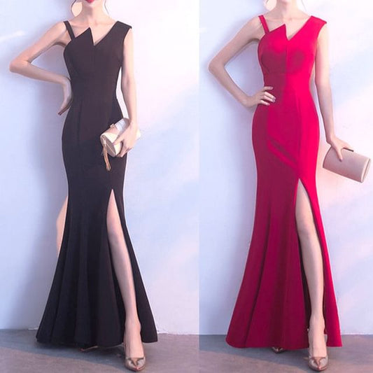 Plain Evening V-Neck Gown Slit Sleeveless Sheath