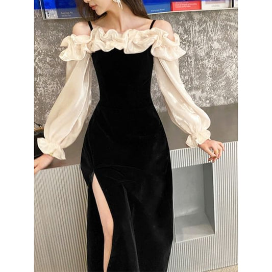 Shoulder Gown Evening Cold Long-Sleeve Two A-Line Tone